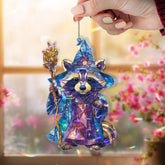 Wizard Raccoon Acrylic Suncatcher, Stained Glass Style Magical Animal with Staff Window Hanging, Fantasy Whimsical Home Decor Gift